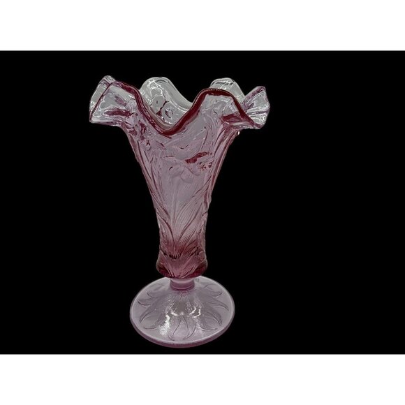 FENTON Vtg  Daffidil Floral Vase w/ Ruffled Edge & Footed Rose Pink Unique Color - Picture 2 of 16
